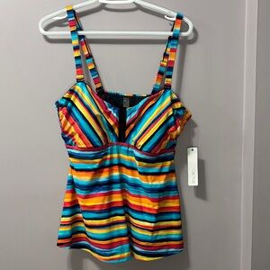 NWT Cactus Plus Size 1X Rainbow Stripe Tankini Swim Top Built In Bra